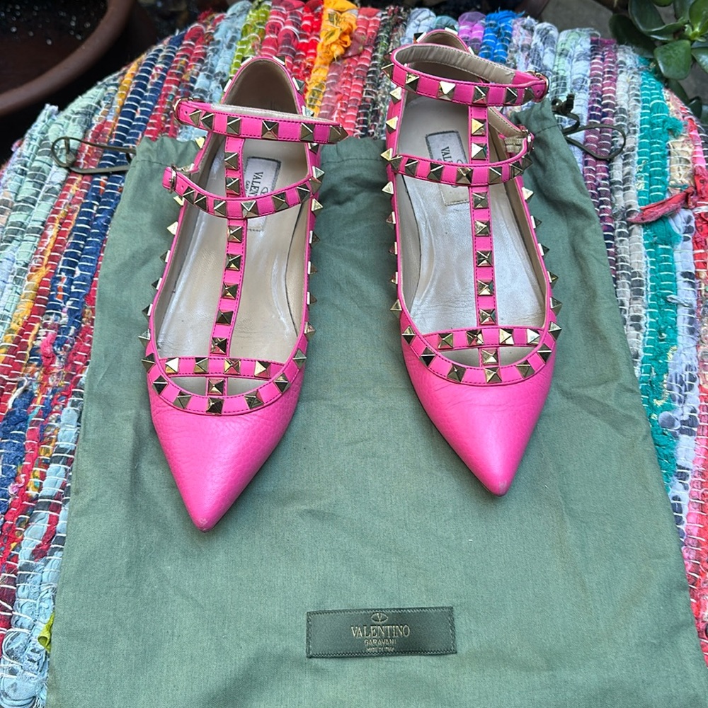 Valentino Caravani Rockstud Caged Ballerina Flats Peony Hot Pink